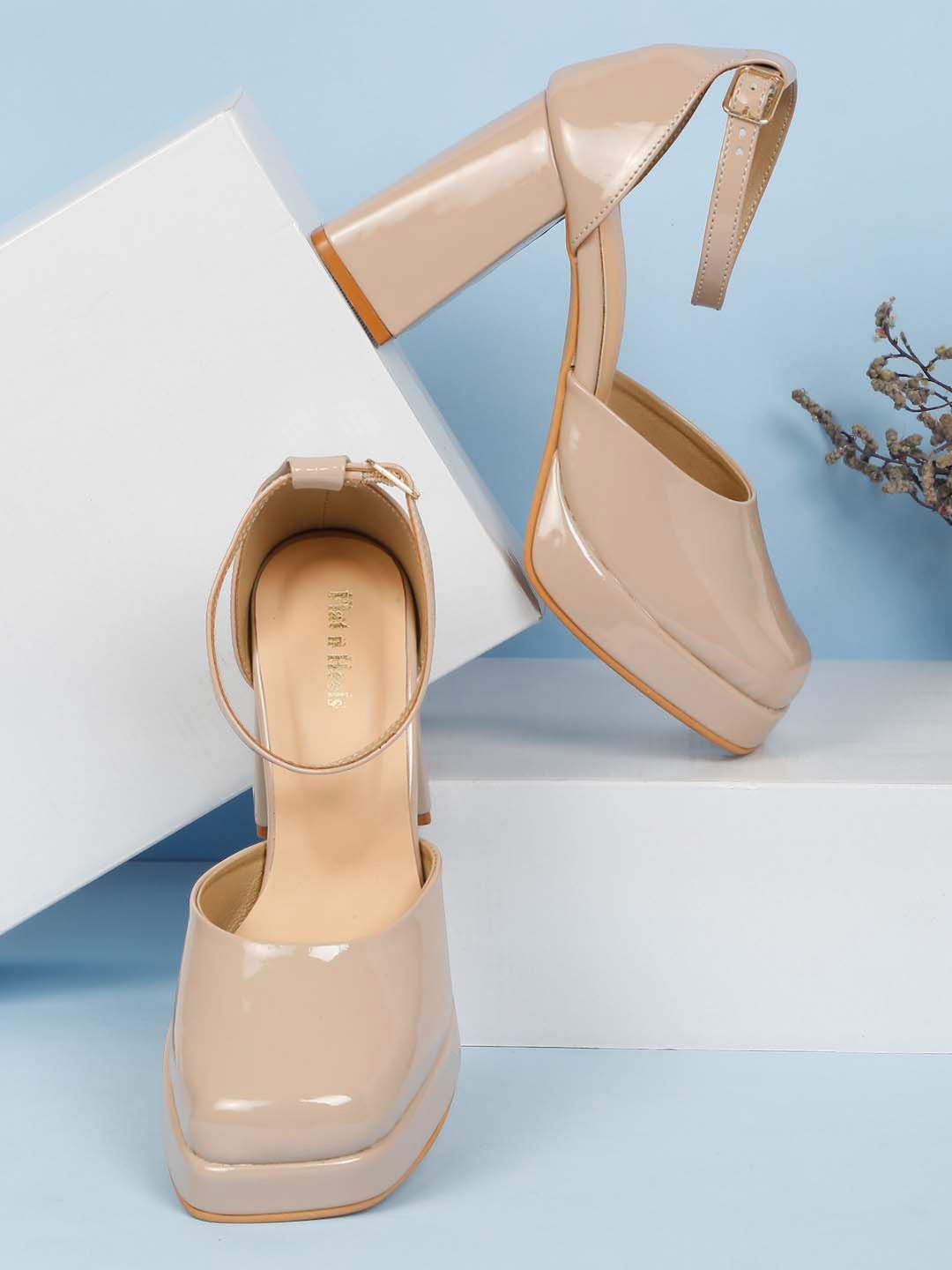 

Flat n Heels Square Toe Buckle Embellished Block Heels, Beige
