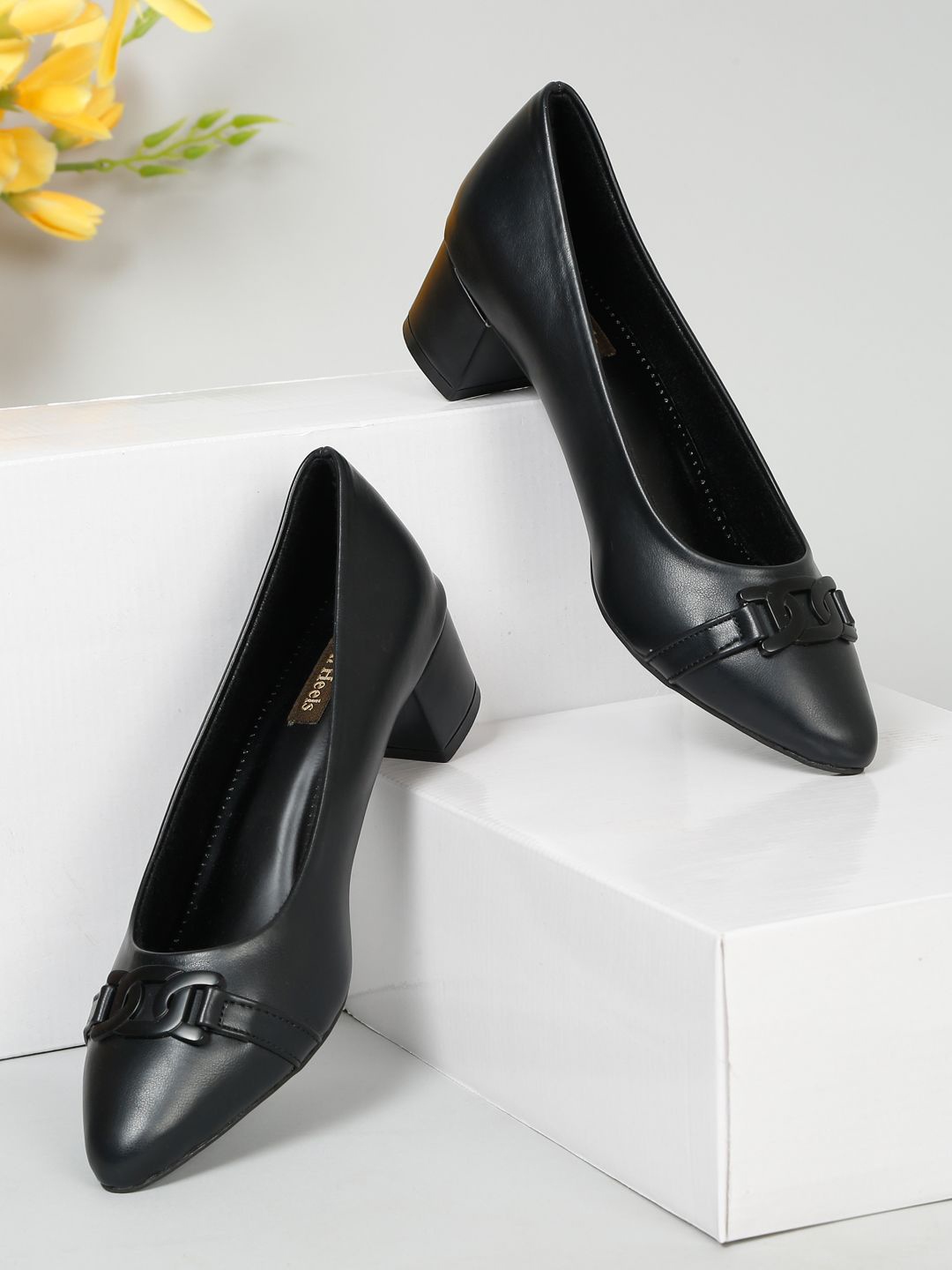 

Flat n Heels Block Pointed Toe Embellished Kitten Heels, Black