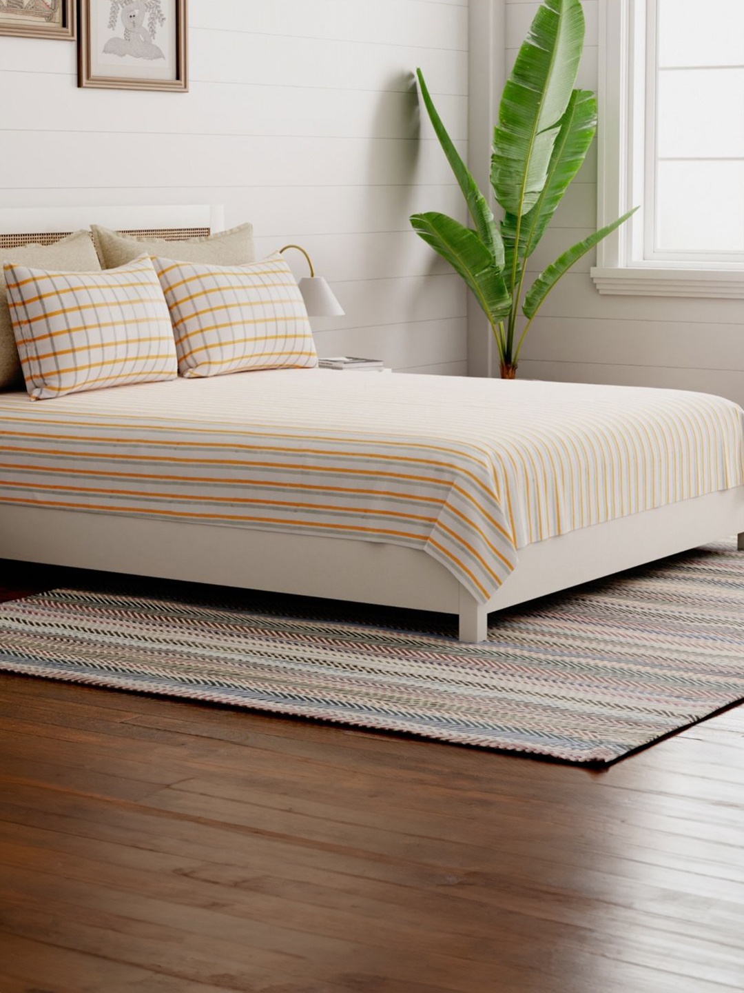 

Eyass White & Orange Striped 180 TC Pure Cotton Queen Bedsheet With 2 Pillow Covers