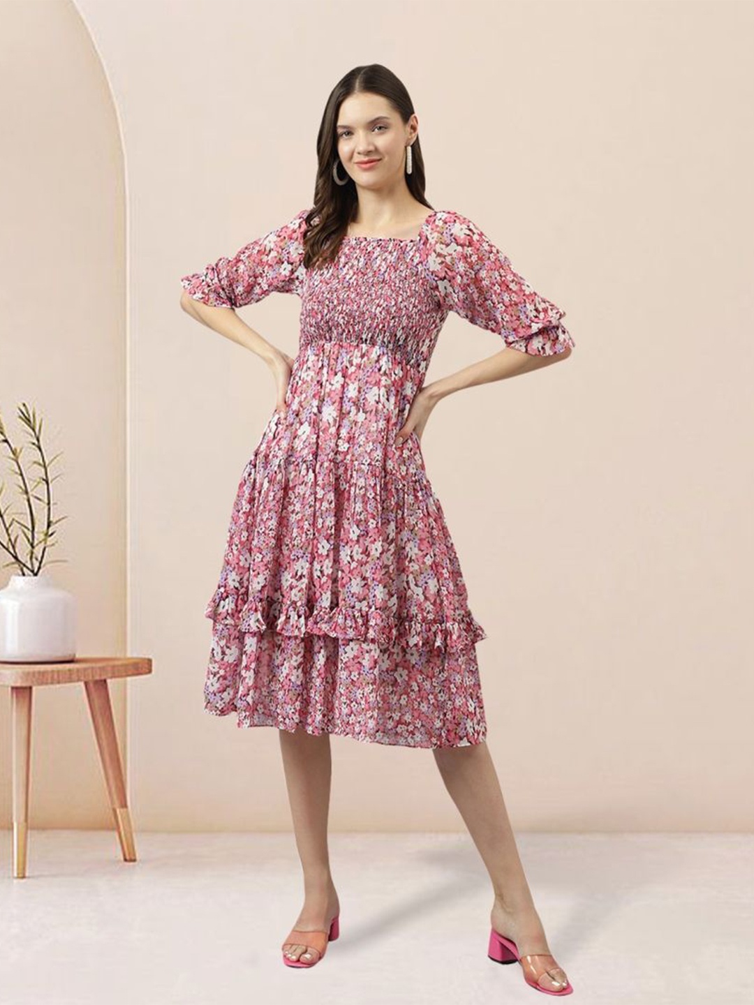 

BAESD Floral Print Ruffled Georgette Fit & Flare Midi Dress, Pink