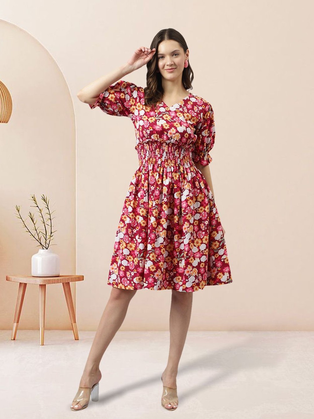 

BAESD Floral Print Puff Sleeve Crepe Fit & Flare Dress, Red