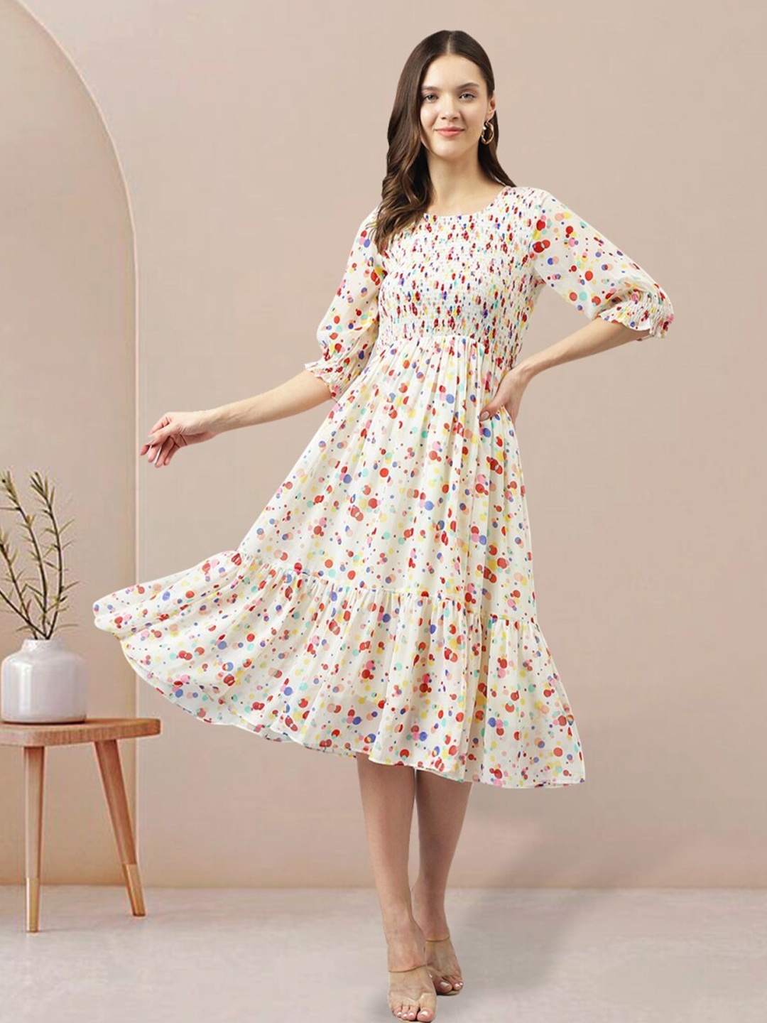 BAESD Polka Dot Printed Puff Sleeves Georgette A-Line Midi Dress, White