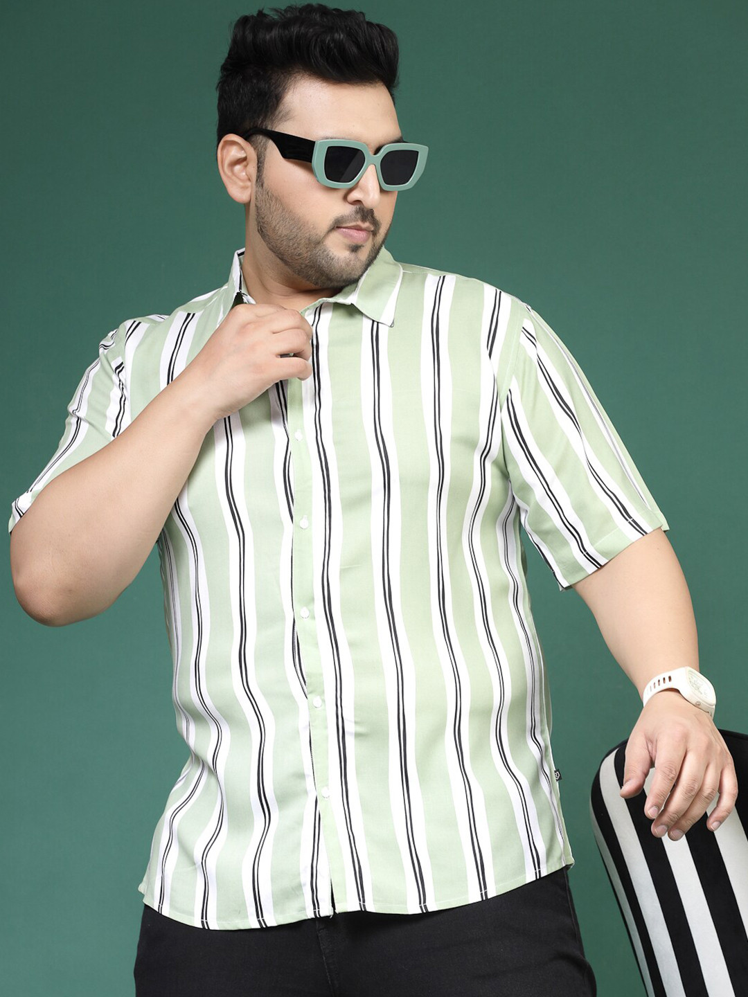 

Rigo Plus Size Relaxed Slim Fit Striped Casual Shirt, Green
