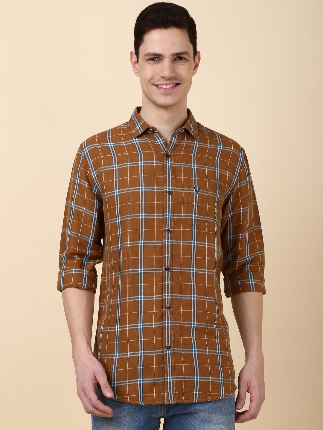 

Allen Solly Men Slim Fit Tartan Checks Opaque Checked Casual Shirt, Brown