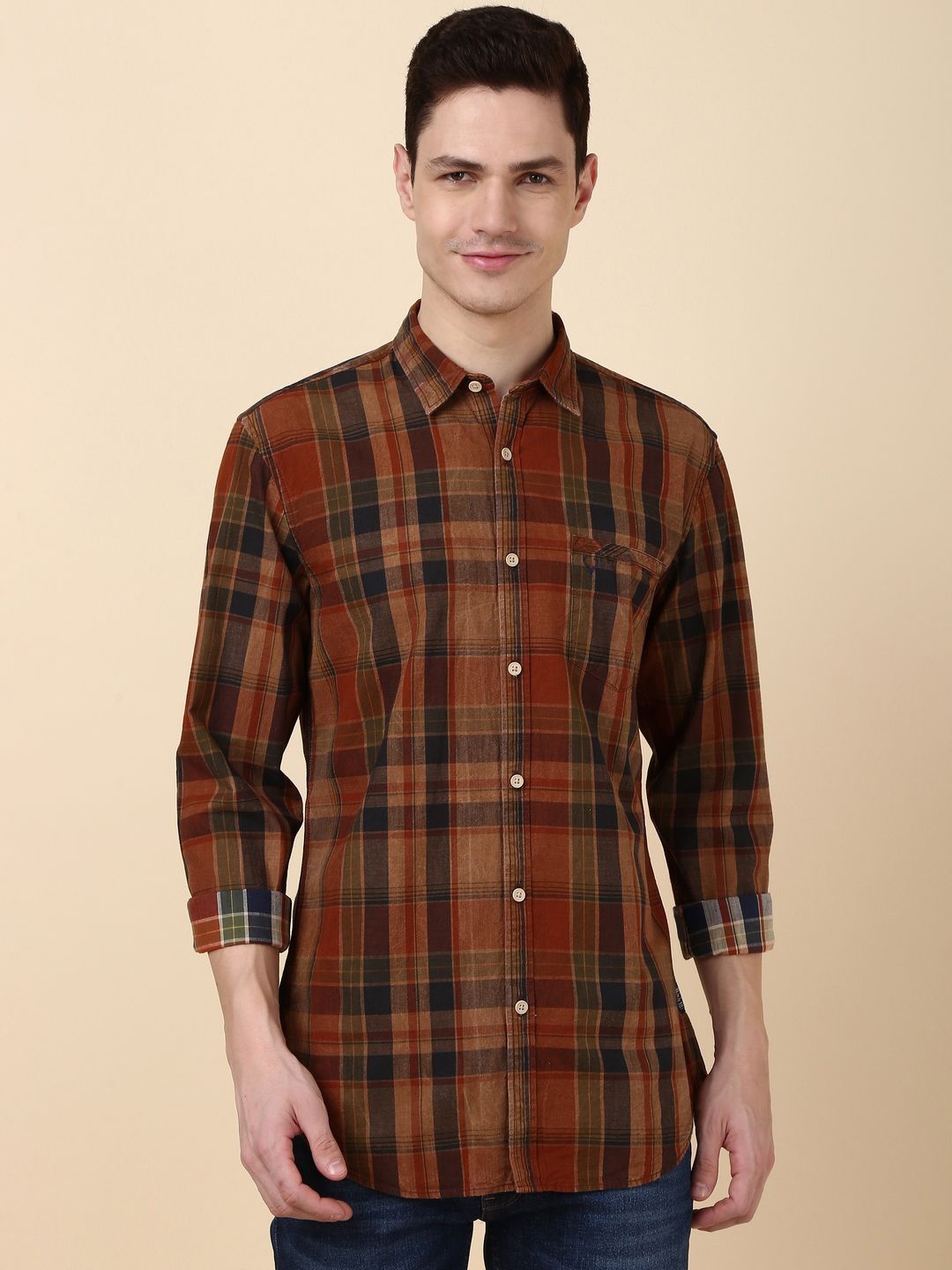 

Allen Solly Men Slim Fit Tartan Checks Opaque Checked Casual Shirt, Brown