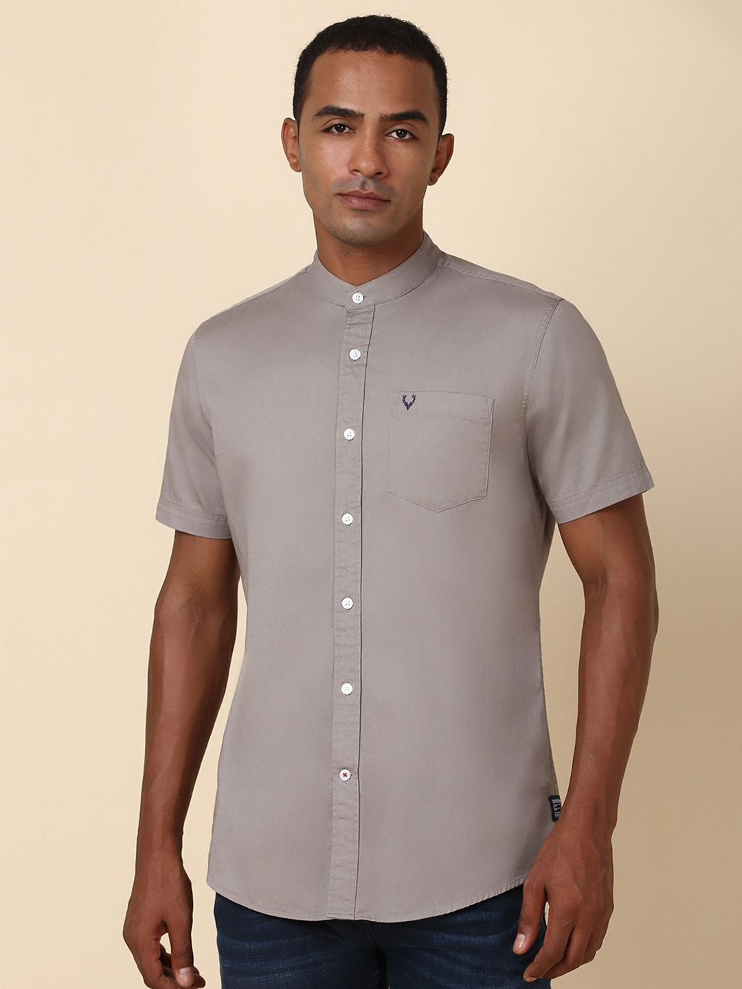 

Allen Solly Men Mandarin Collar Solid Pocket Detailing Cotton Casual Shirt, Grey