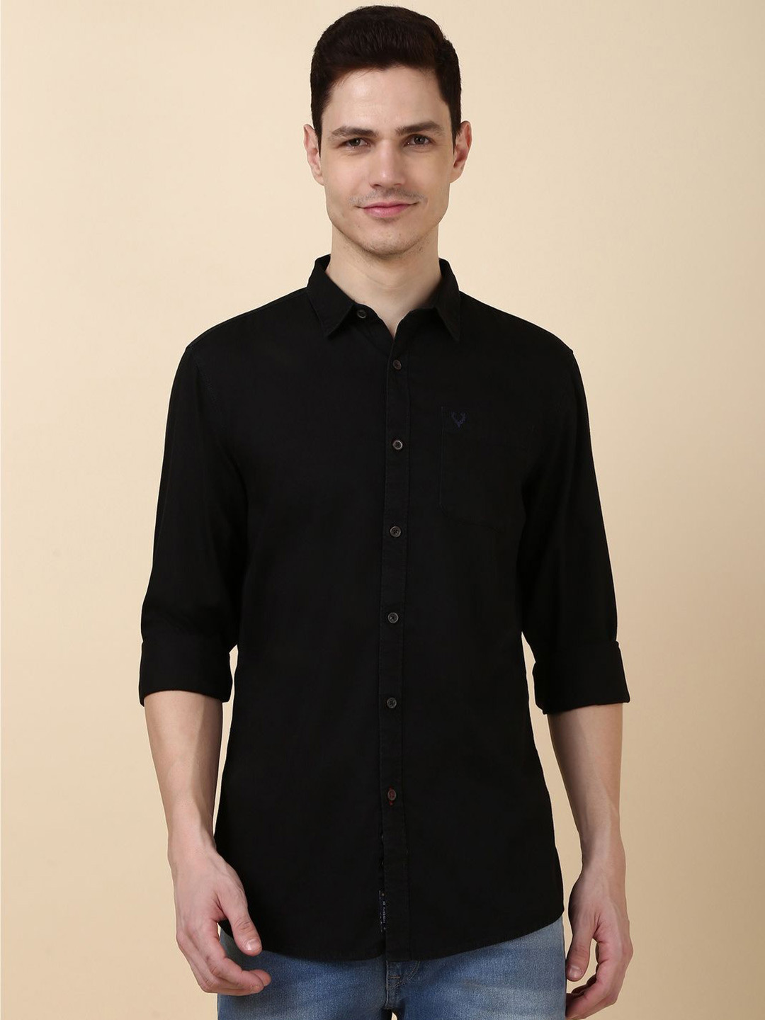 

Allen Solly Men Spread Collar Solid Cotton Pocket Slim Fit Casual Shirt, Black