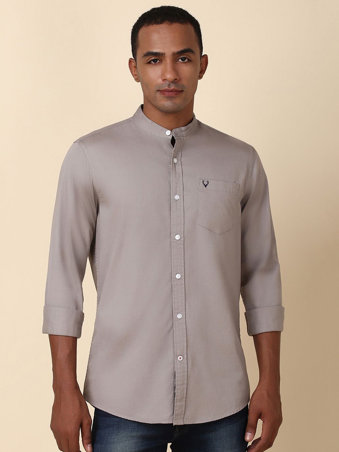 

Allen Solly Men Mandarin Collar Solid Pocket Detailing Cotton Casual Shirt, Grey