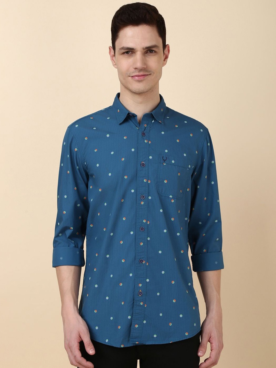 

Allen Solly Men Slim Fit Polka Dots Printed Spread Collar Pure Cotton Casual Shirt, Blue