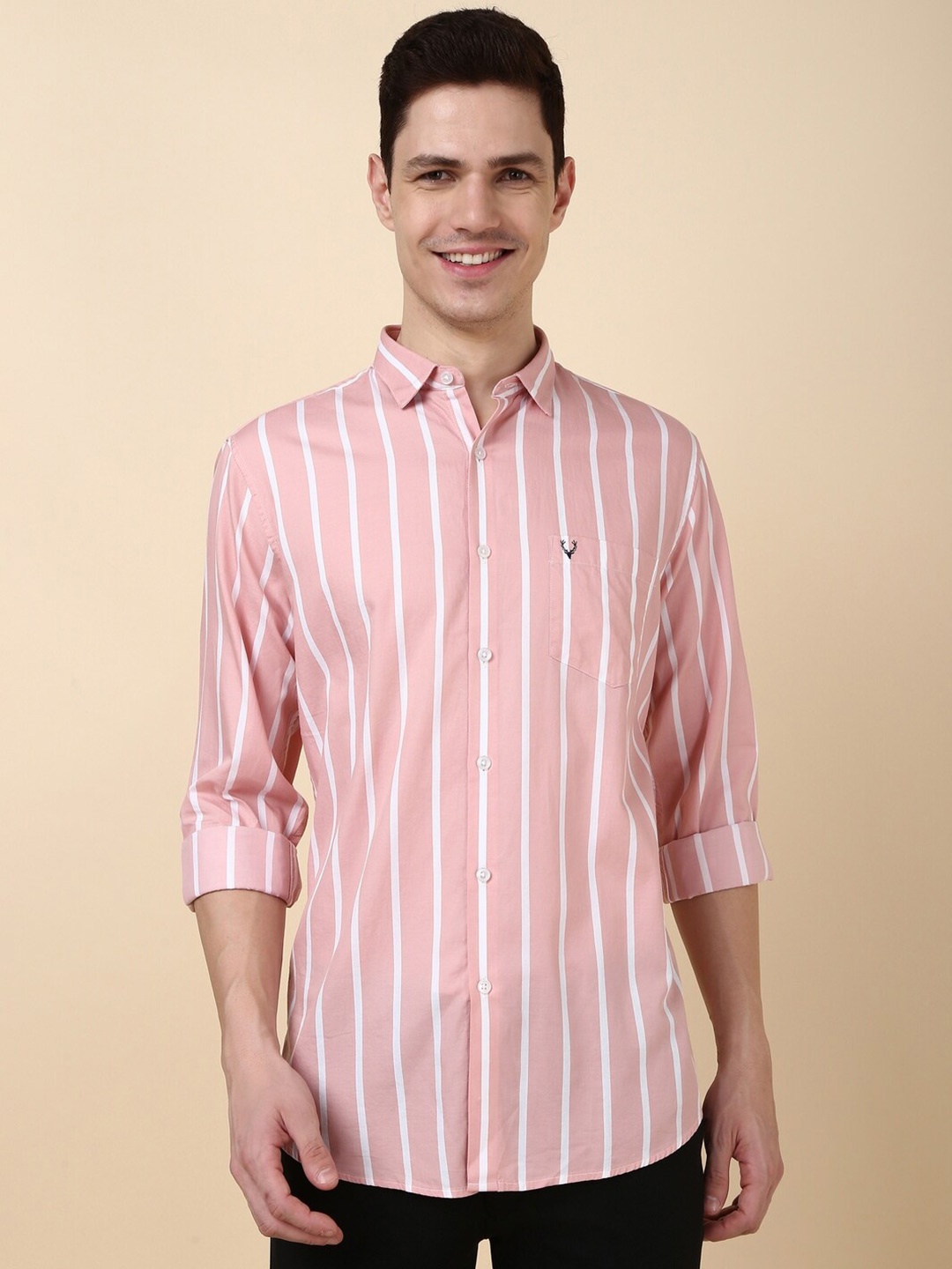 

Allen Solly Men Slim Fit Spread Collar Striped Pure Cotton Casual Shirt, Pink