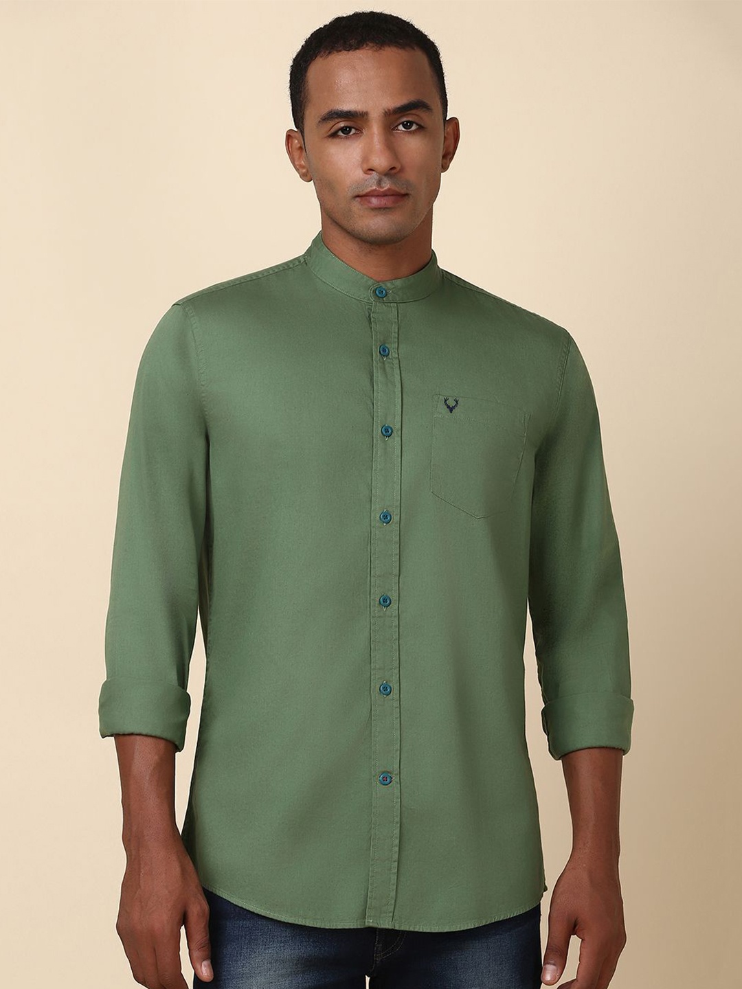 

Allen Solly Men Solid Band Collar Pure Cotton Casual Shirt, Green