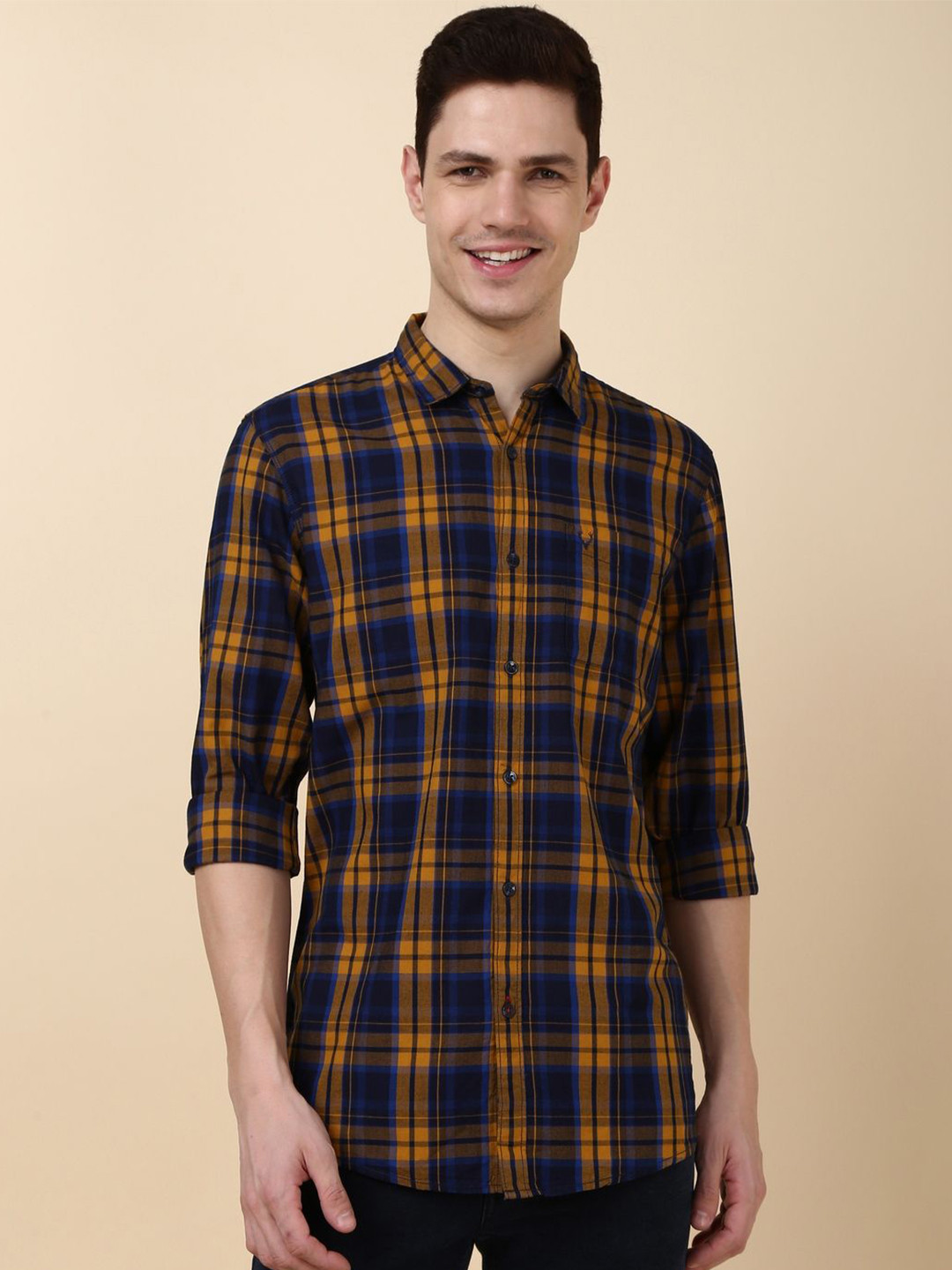

Allen Solly Men Slim Fit Tartan Checks Spread Collar Pure Cotton Casual Shirt, Navy blue