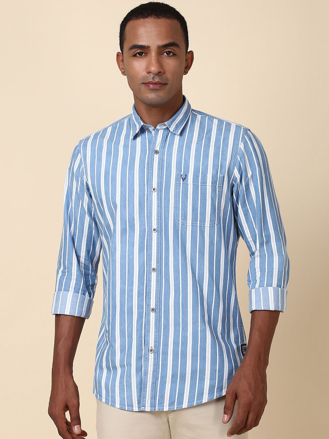 

Allen Solly Men Spread Collar Striped Casual Pure Cotton Shirt, Blue