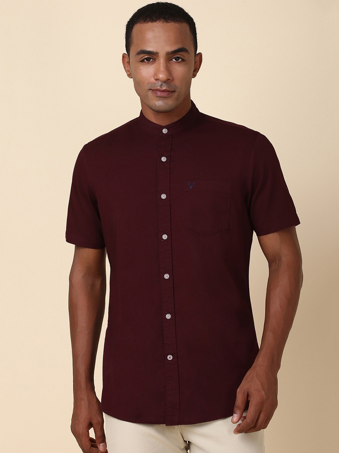

Allen Solly Men Solid Band Collar Pure Cotton Casual Shirt, Maroon
