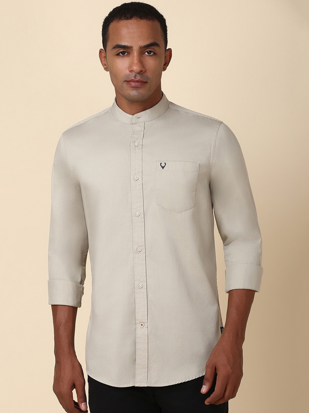 

Allen Solly Men Band Collar Pure Cotton Solid Casual Shirt, Beige