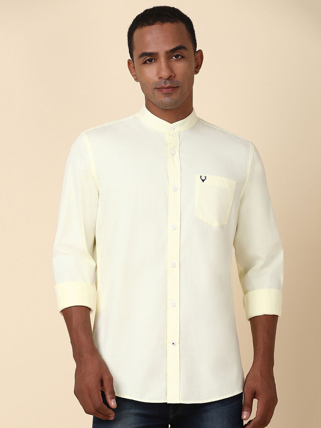 

Allen Solly Men Solid Band Collar Pure Cotton Casual Shirt, Yellow