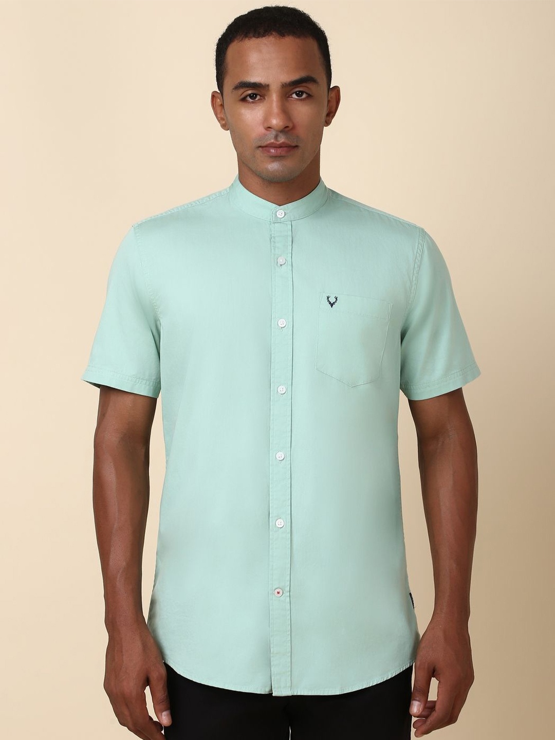 

Allen Solly Men Band Collar Solid Casual Pure Cotton Shirt, Turquoise blue