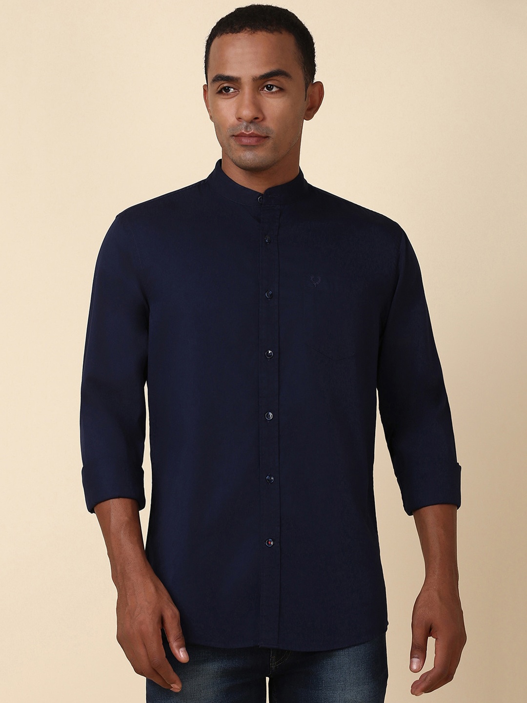 

Allen Solly Men Solid Band Collar Casual Shirt, Navy blue