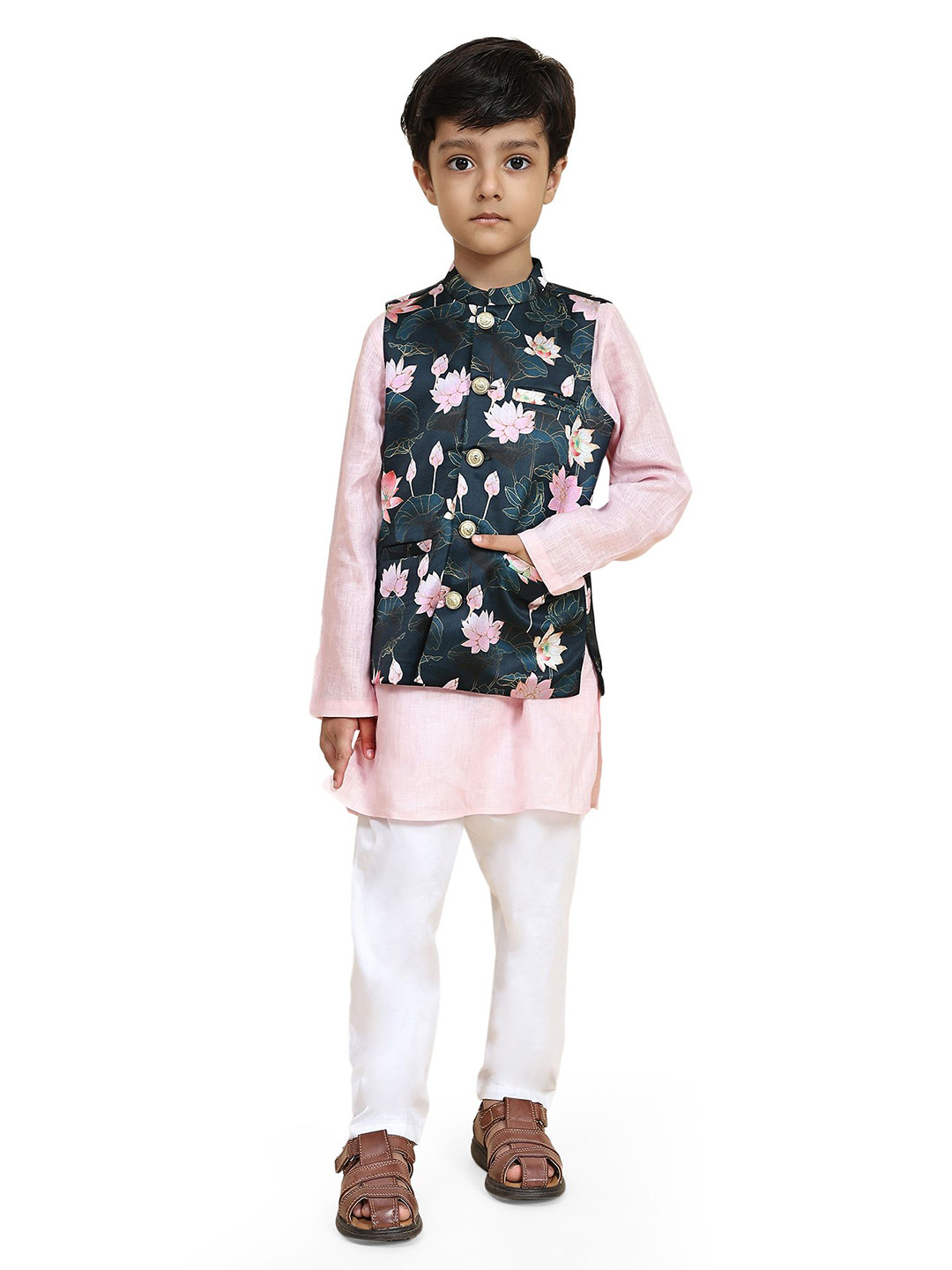 

BAESD Mandarin Collar Pure Cotton Kurta & Pyjama With Nehru Jackets, Pink