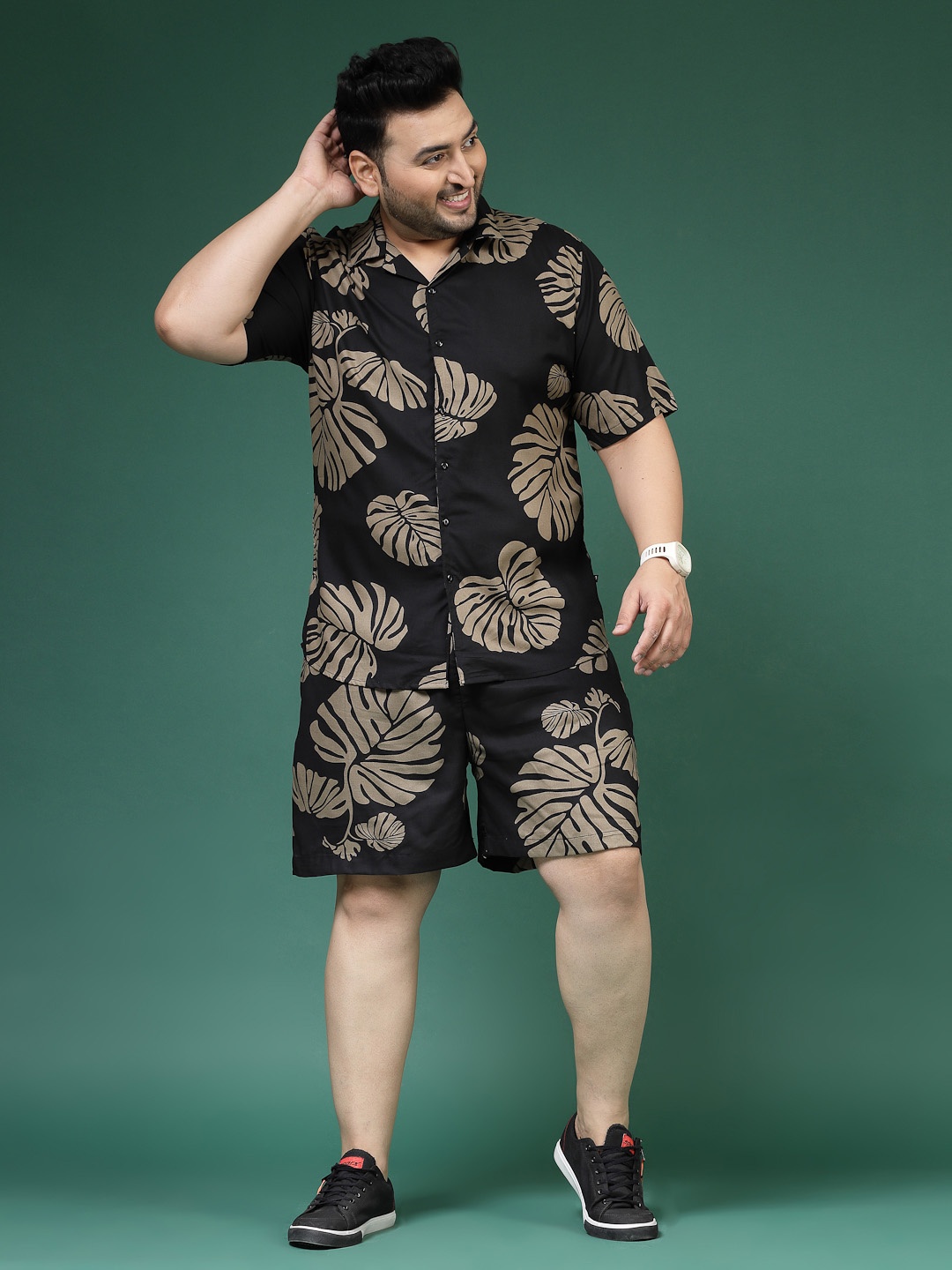 Rigo Plus Size Printed Shirt-Collar Shirt With Shorts Co-Ords Set, Black