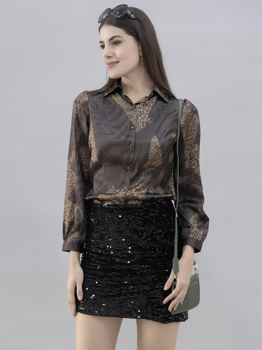 

PURYS Women Spread Collar Animal Skin Printed Casual Shirt, Brown