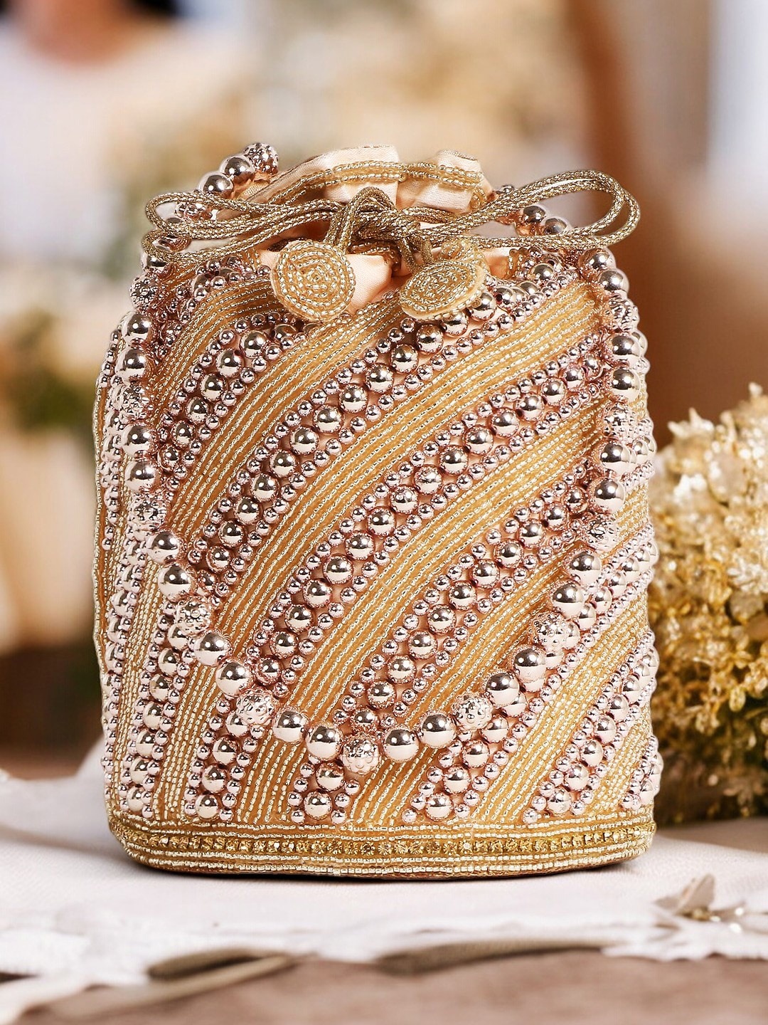 

Exotic Embroidered Potli Clutch, Rose gold
