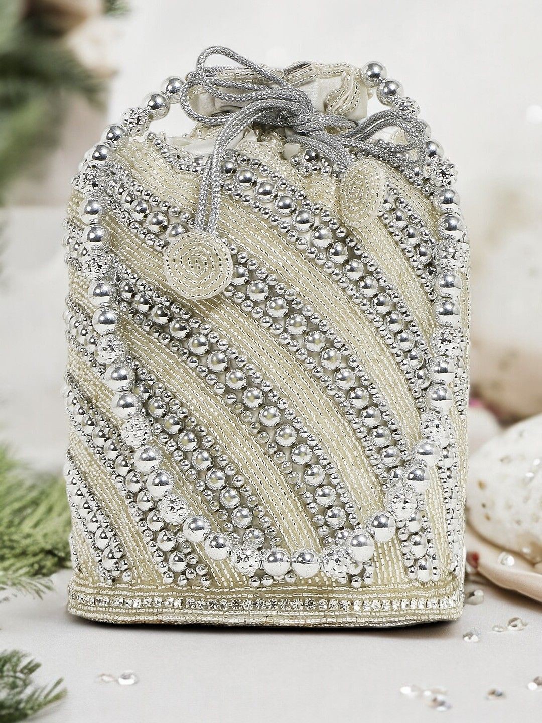 

Exotic Embroidered Potli Clutch, Silver