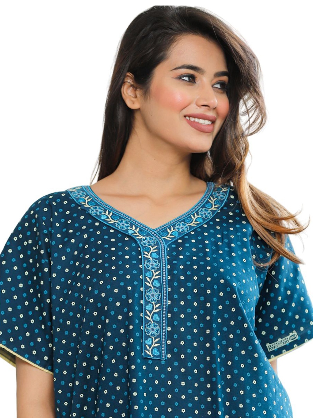

G4Girl Cotton Printed Long Nightdress, Turquoise blue