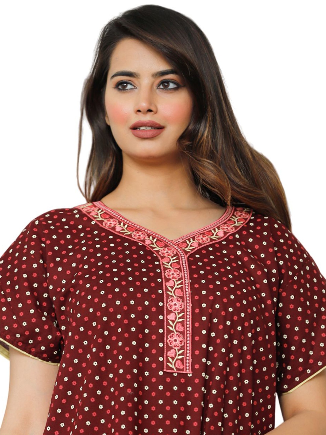 

G4Girl Cotton Printed Long Nightdress, Maroon