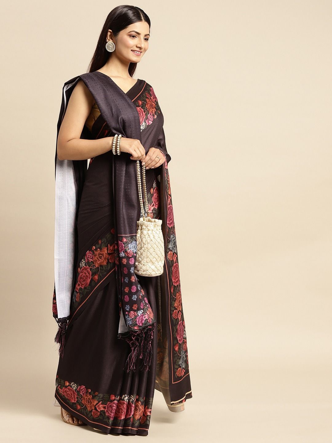 

Panzora Floral Pashmina Saree, Black