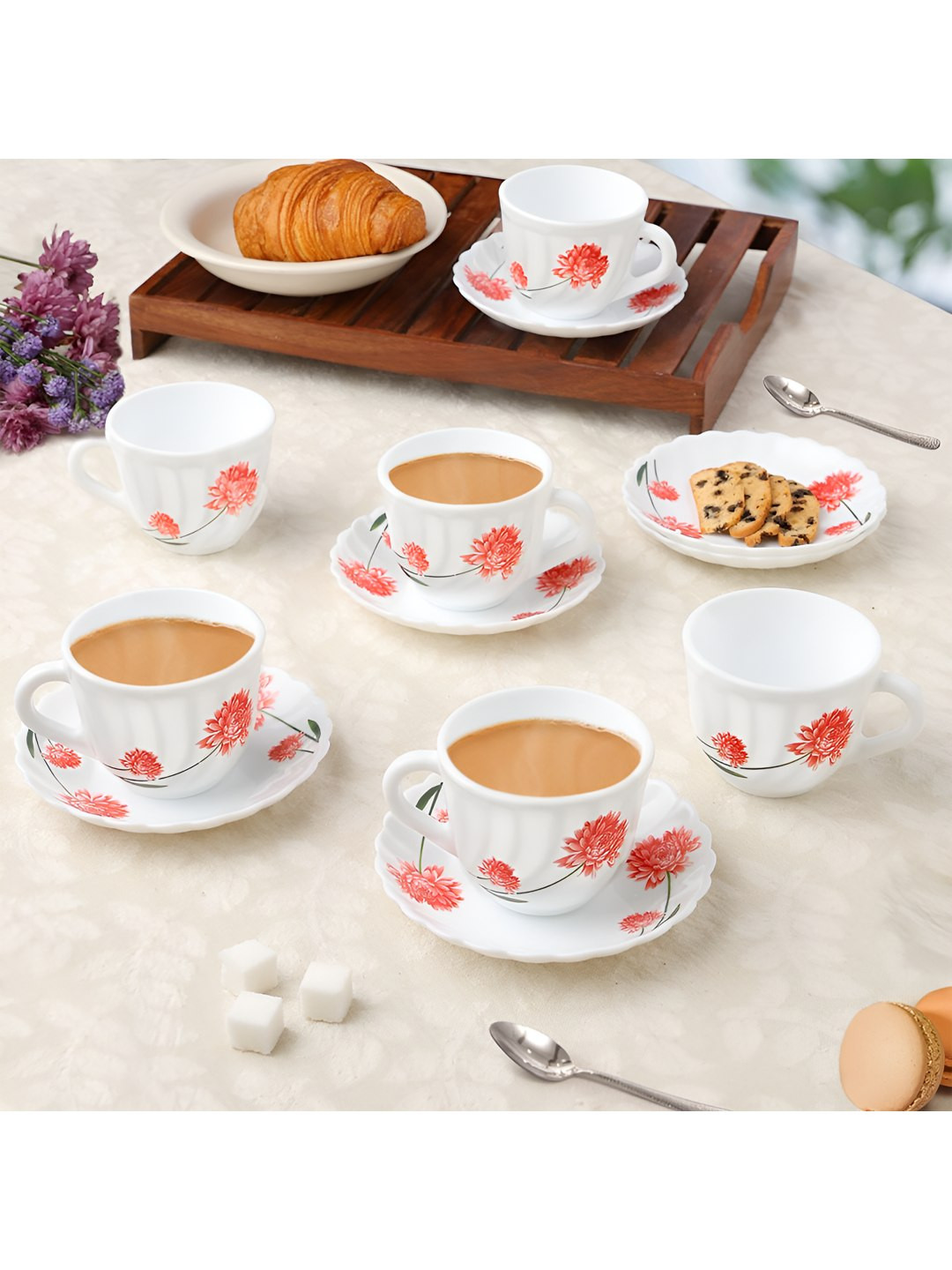 

Larah by BOROSIL Belle White & Orange 12 Pieces Printed Opalware Tea Cups & Saucers Set