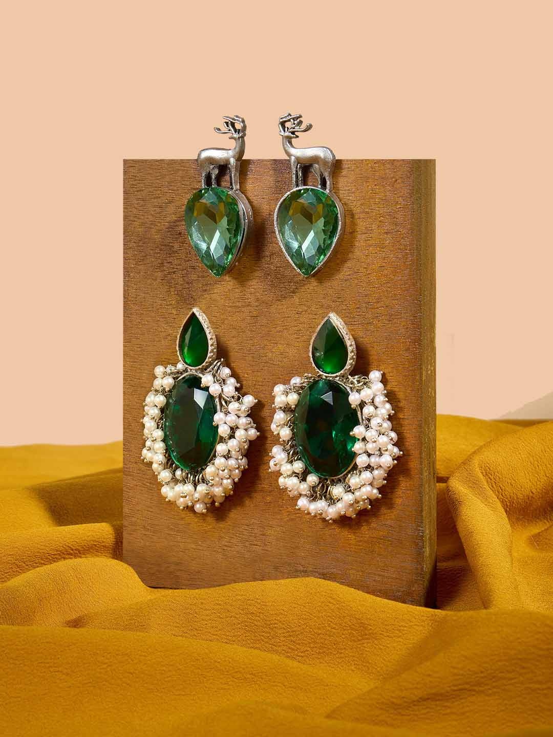 

Zaveri Pearls Set of 2 Gold-Plated Contemporary Drop Earrings, Green