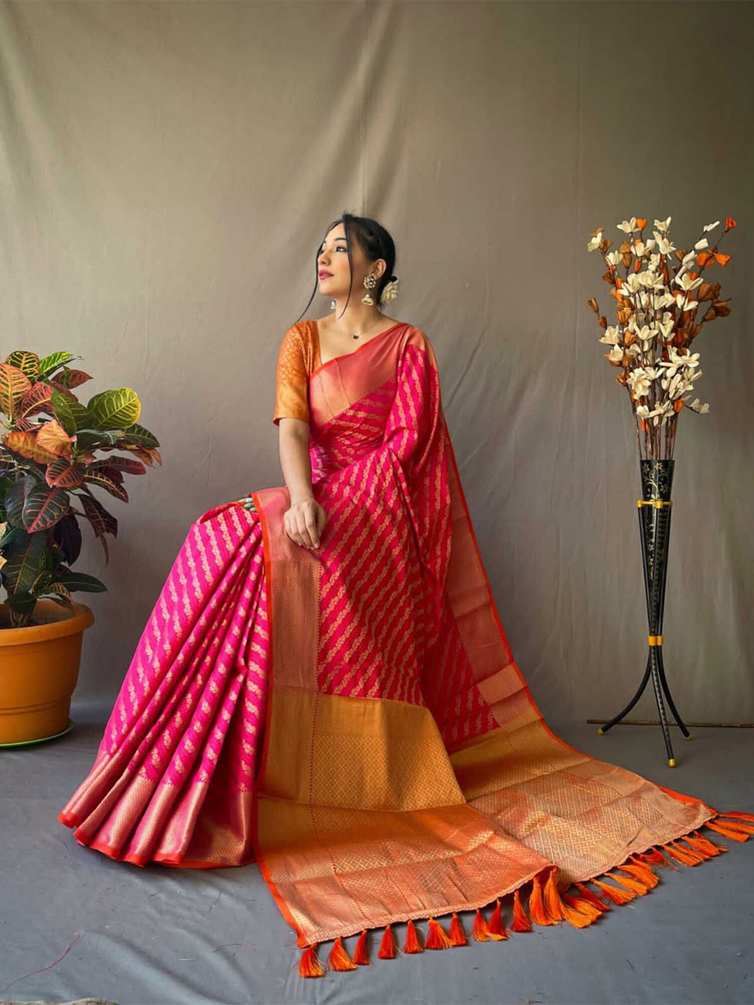 

Panzora Woven Design Zari Silk Blend Banarasi Saree, Pink
