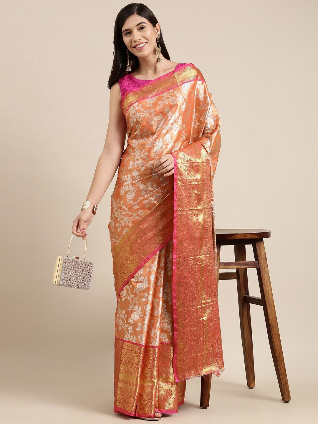 

Panzora Woven Design Zari Tissue Banarasi Saree, Orange