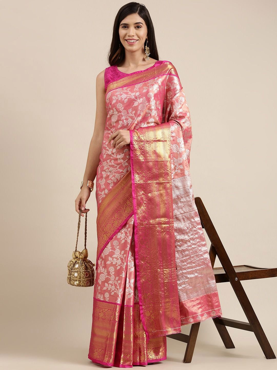 

Panzora Woven Design Zari Tissue Banarasi Saree, Pink