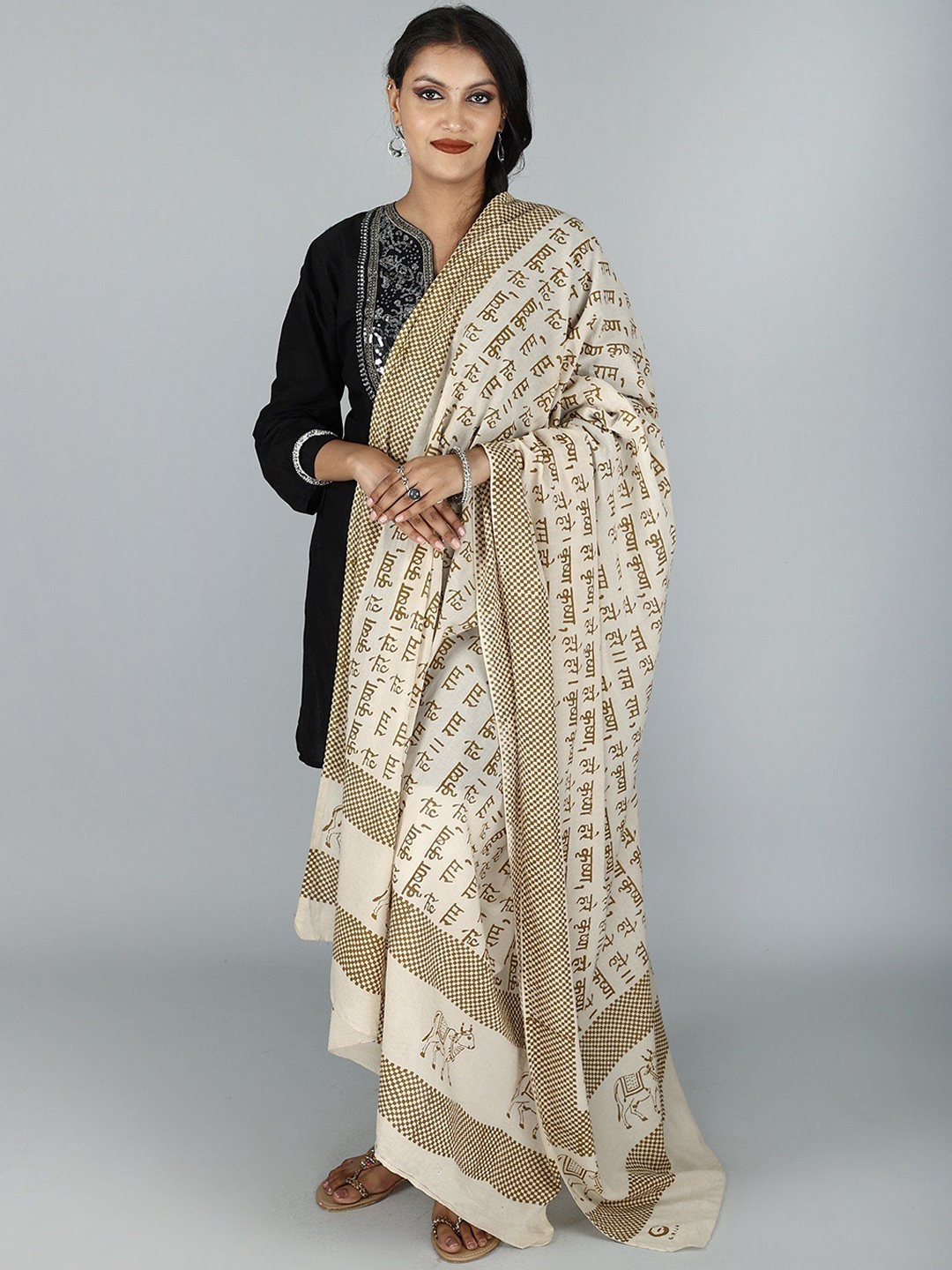 

Exotic India Women Ethnic Motifs Printed Pure Cotton Shawl, Beige