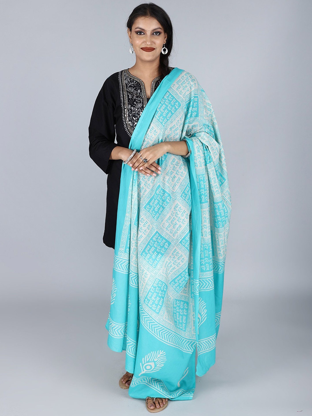 

Exotic India Women Ethnic Motifs Printed Pure Cotton Shawl, Turquoise blue