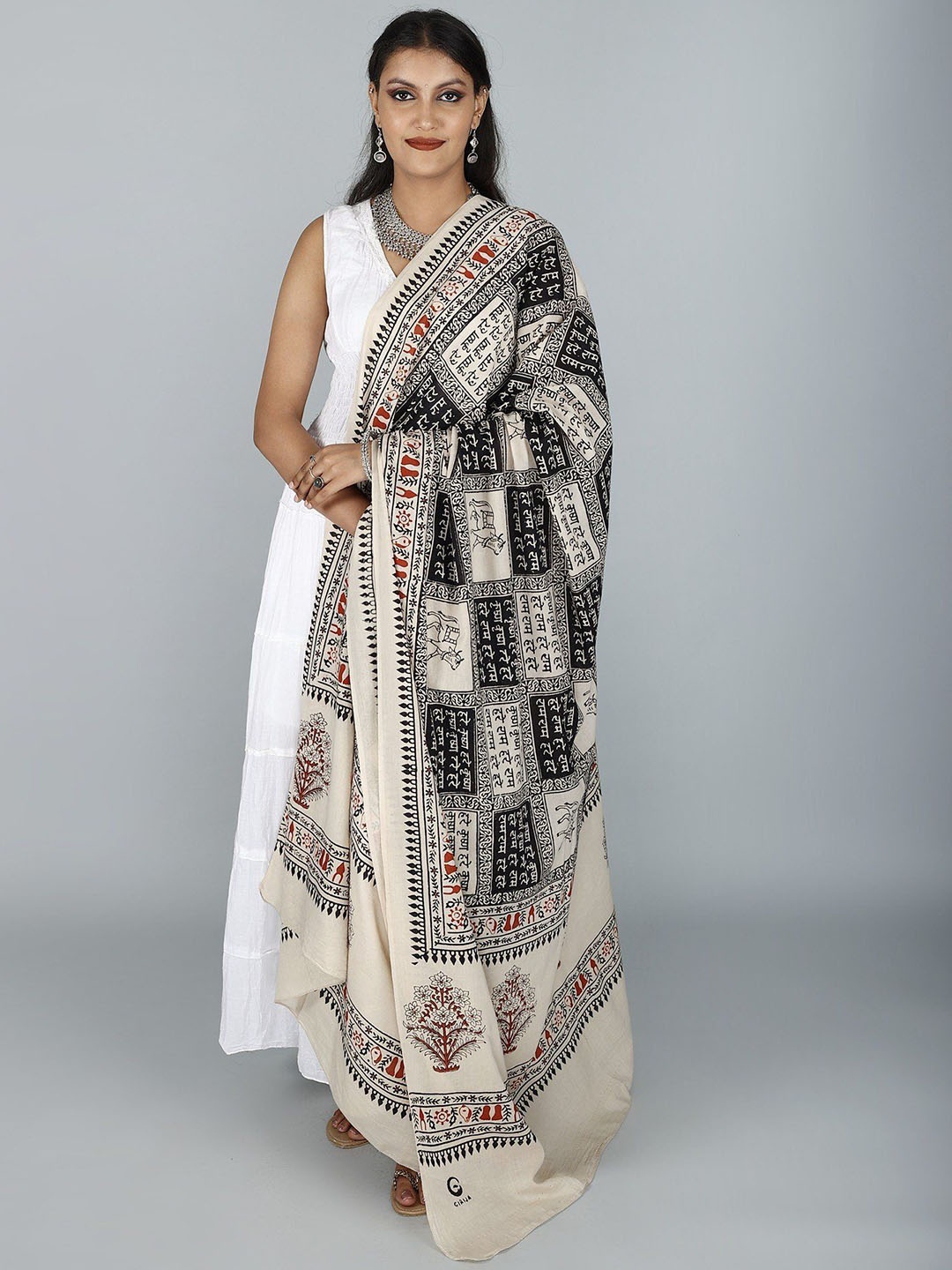 

Exotic India Hare Krishna Hare Ram Printed Pure Cotton Shawl, Off white