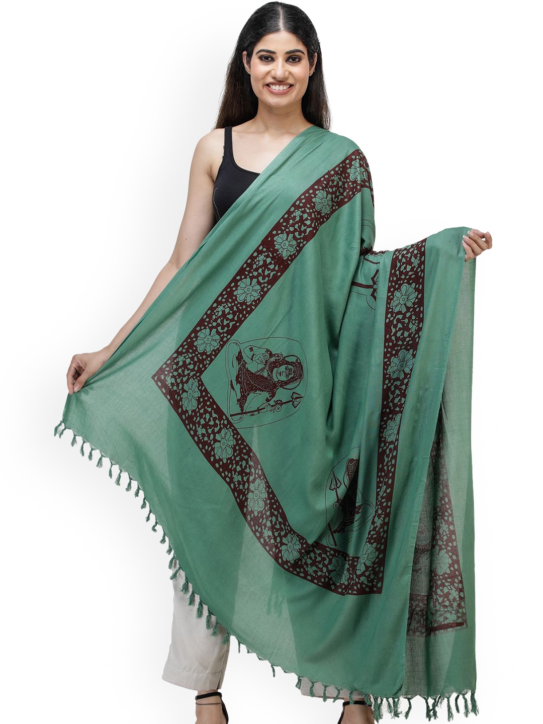 

Exotic India Women Ethnic Motifs Printed Shawl, Green
