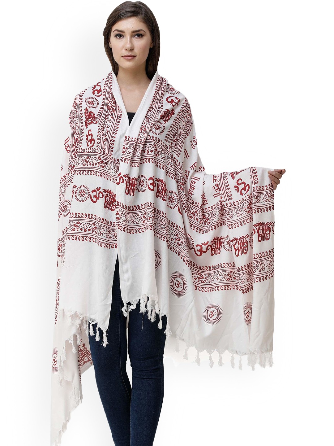 

Exotic India Women Ethnic Motifs Printed Shawl, White