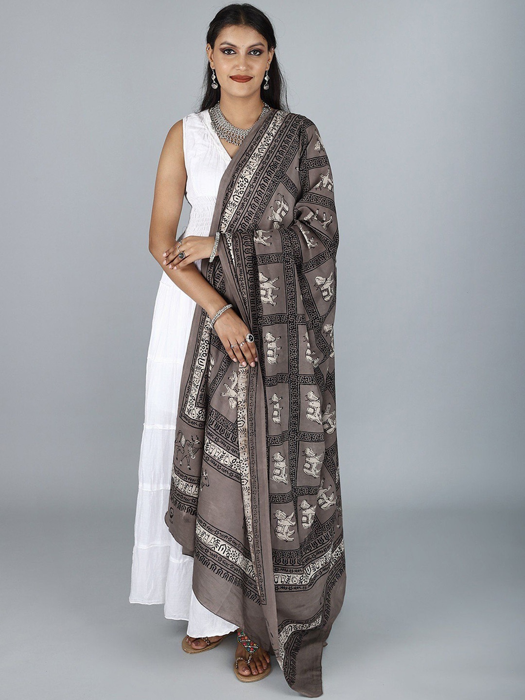 

Exotic India Teak Prayer Pure Cotton Shawl with Printed Cow, Grey