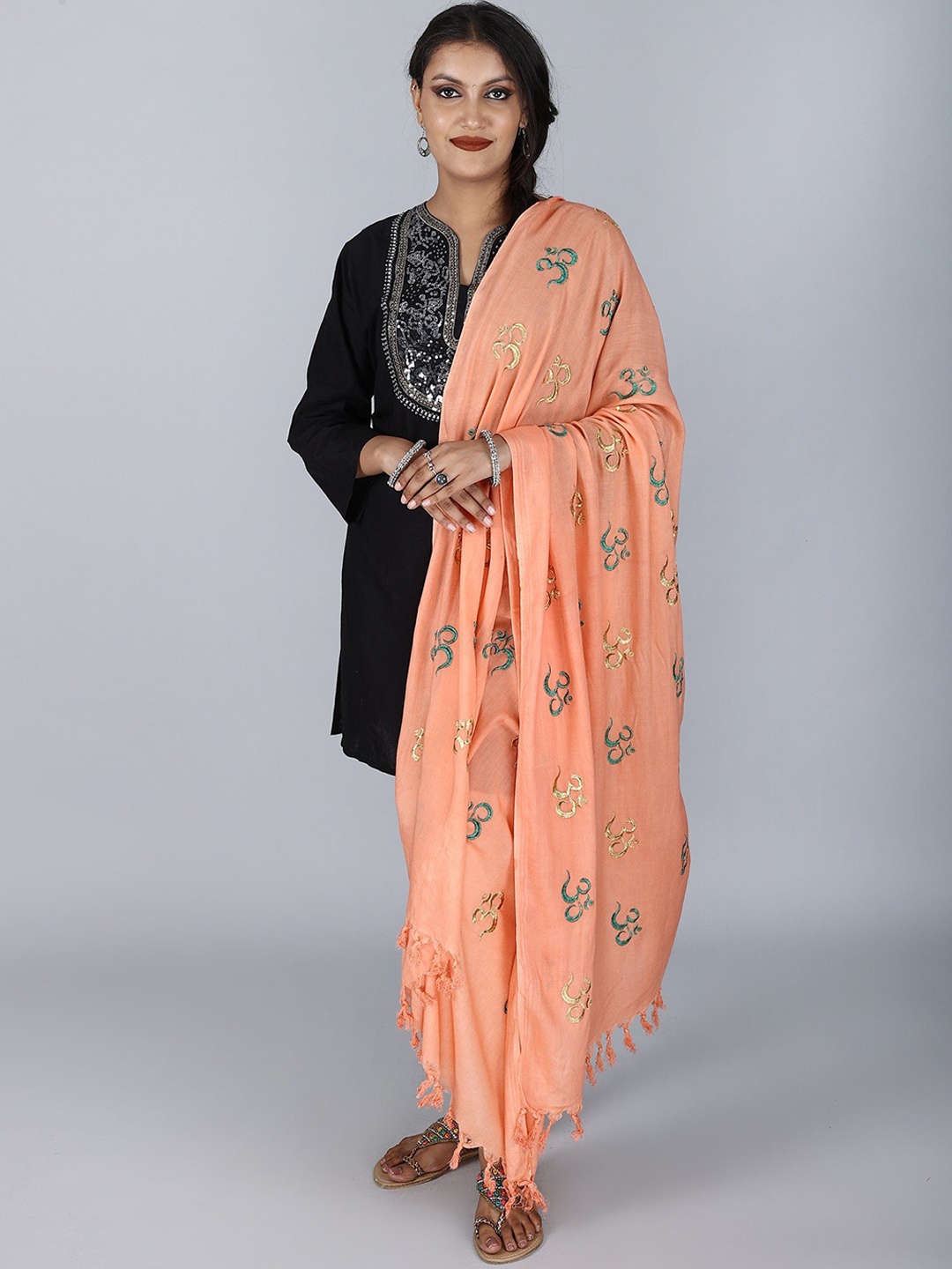 

Exotic India Peach Prayer Shawl with Zari and Thread Embroidered Dual Color Om Motif