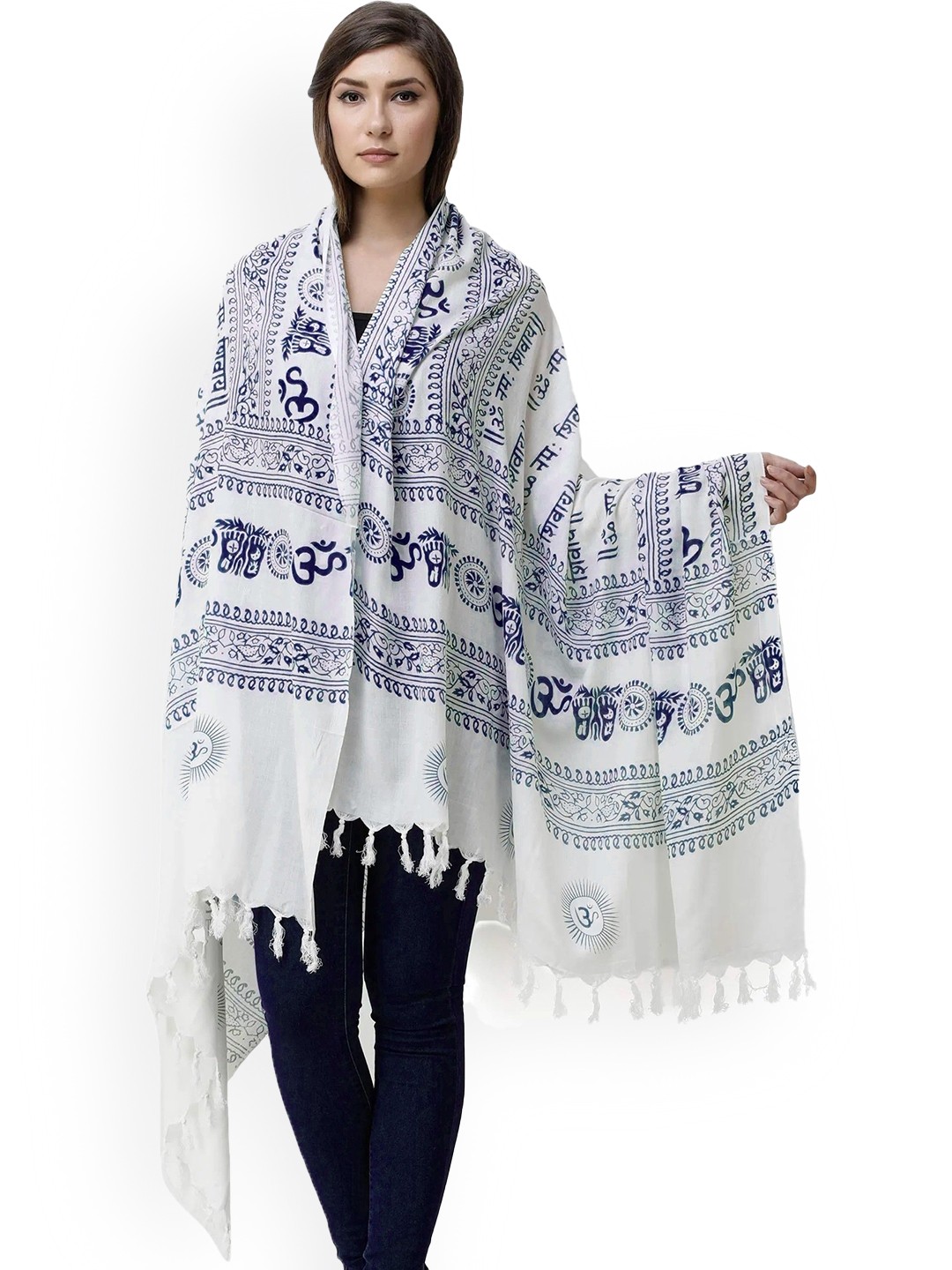 

Exotic India Om Namah Shivai Printed Pure Cotton Shawl, White