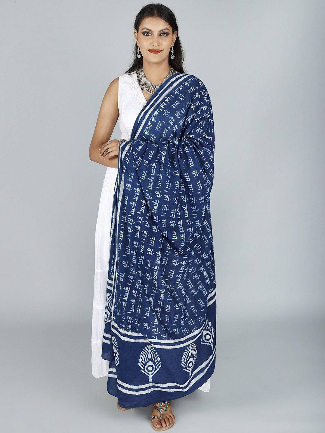 

Exotic India Prayer Pure Cotton Shawl with Hare Krishna Hare Ram Print, Blue