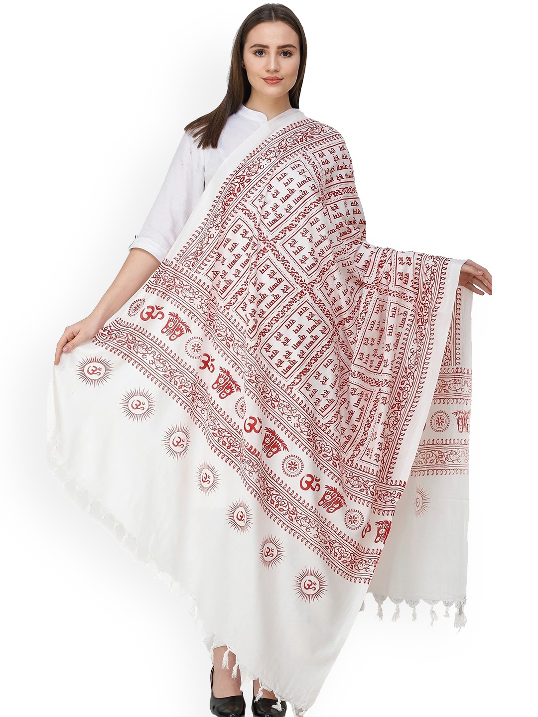 

Exotic India Women Ethnic Motifs Printed Shawl, White