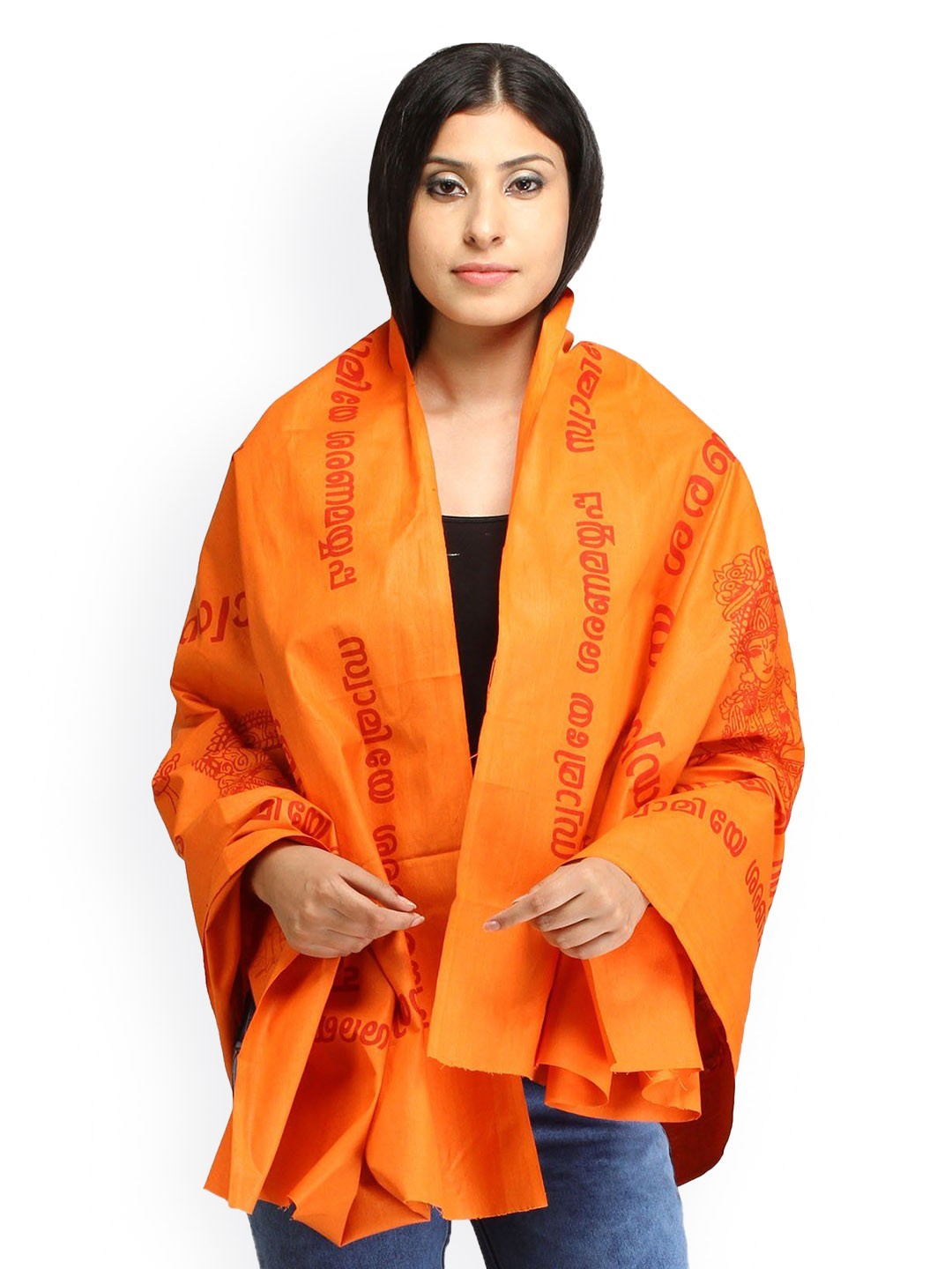

Exotic India Women Religious Printed Cotton Shawl, Orange