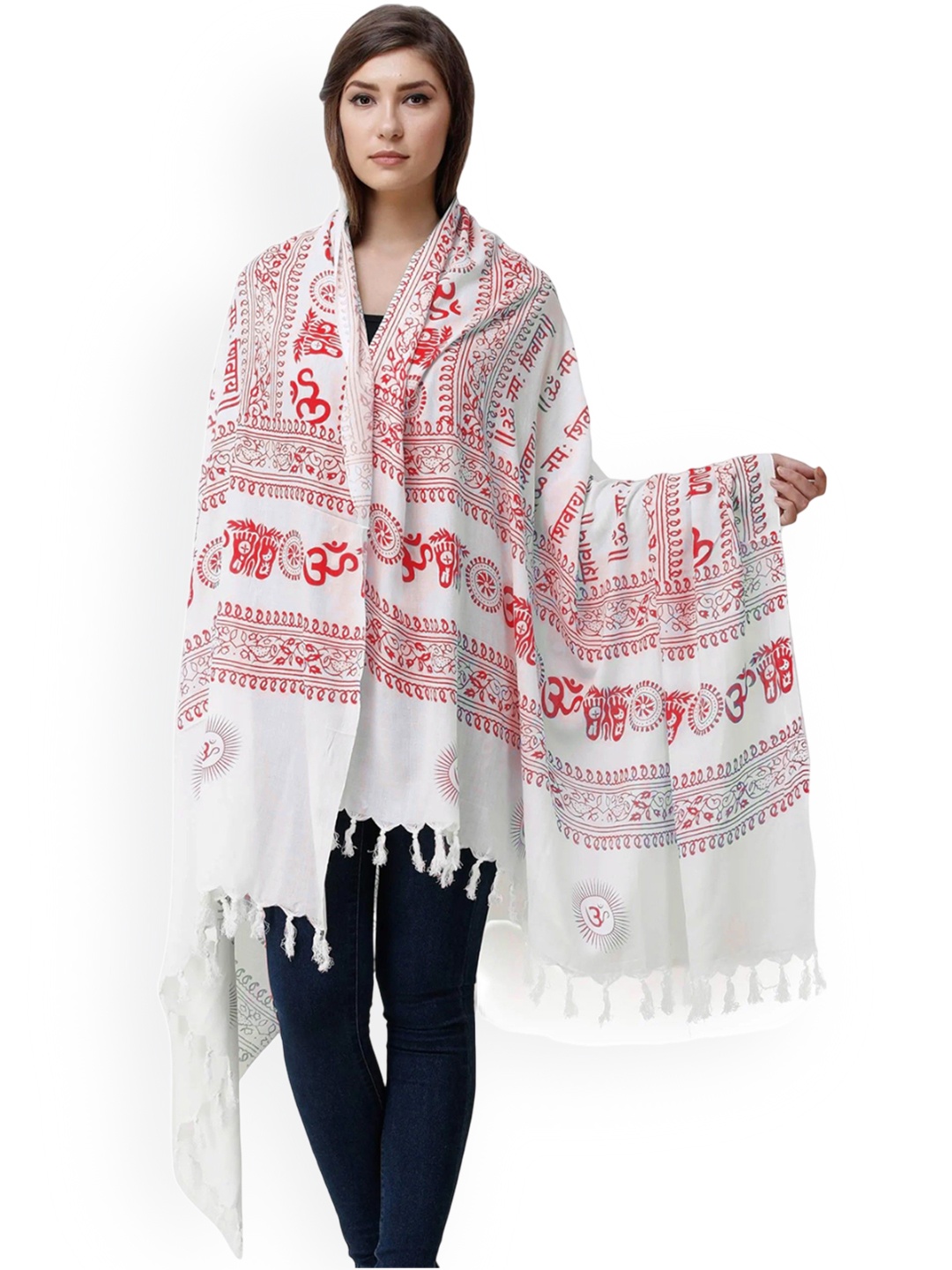 

Exotic India Women Ethnic Motifs Printed Shawl, White