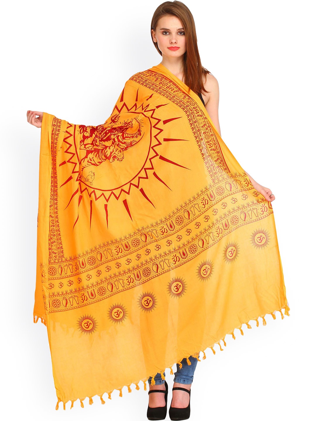 

Exotic India Women Ethnic Motifs Printed Shawl, Yellow