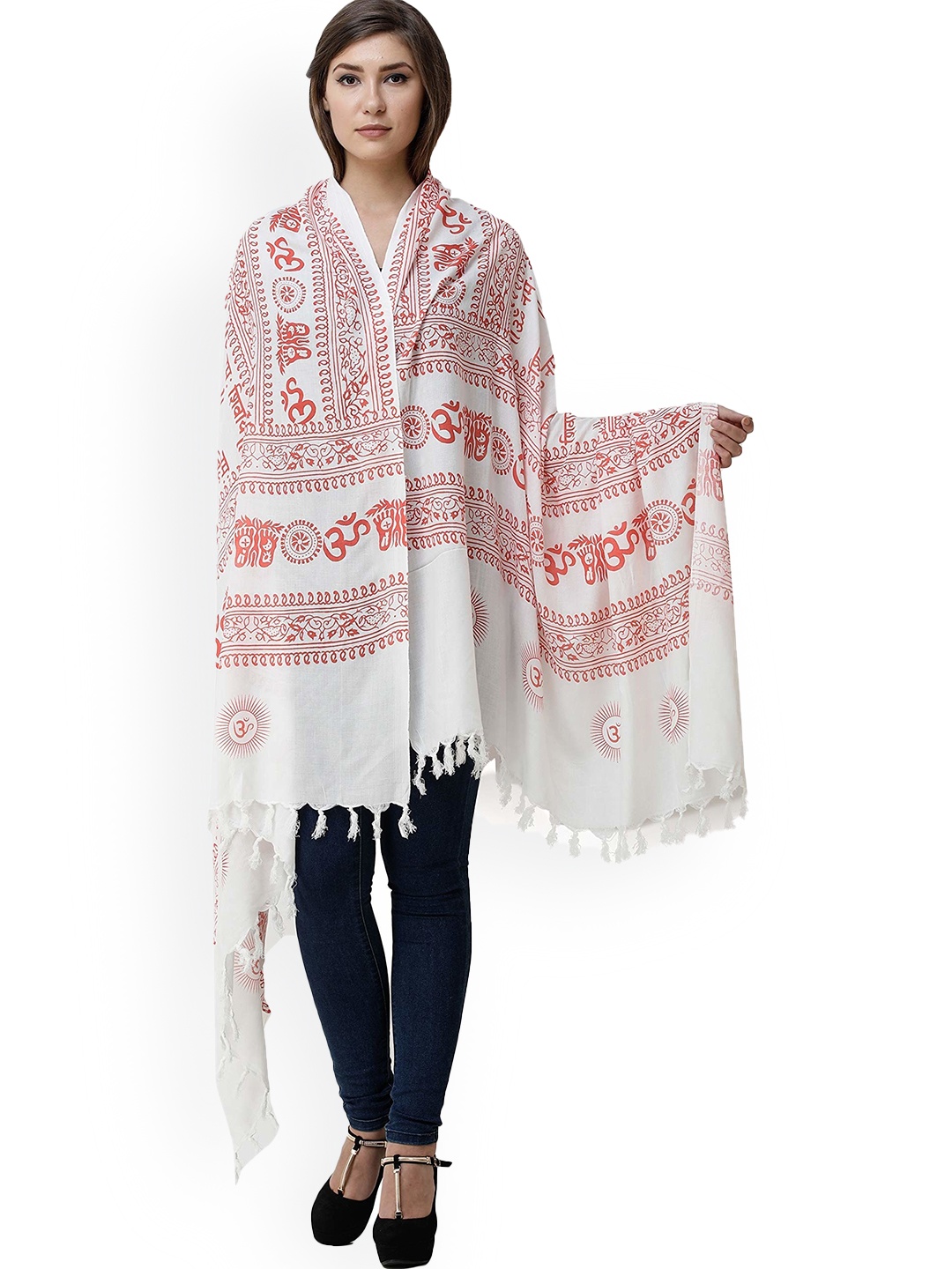 

Exotic India Carrot Orange Printed Om Namah Shivai Prayer Polycotton Shawl, White
