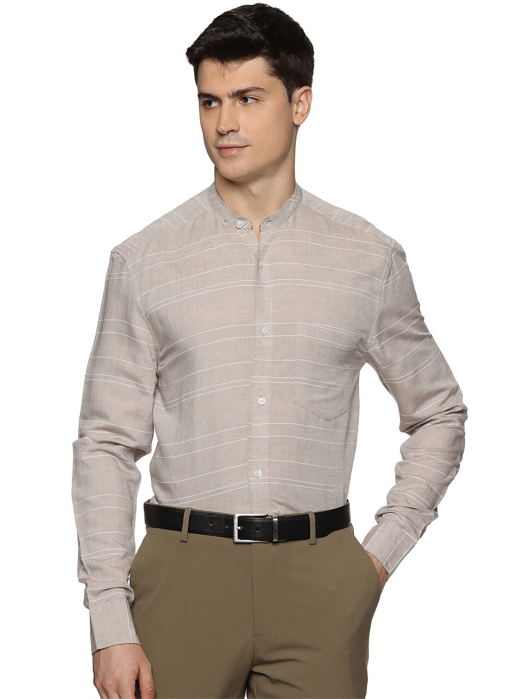 

THE FORMAL CLUB Men Band Collar Horizontal Striped Formal Shirt, Khaki